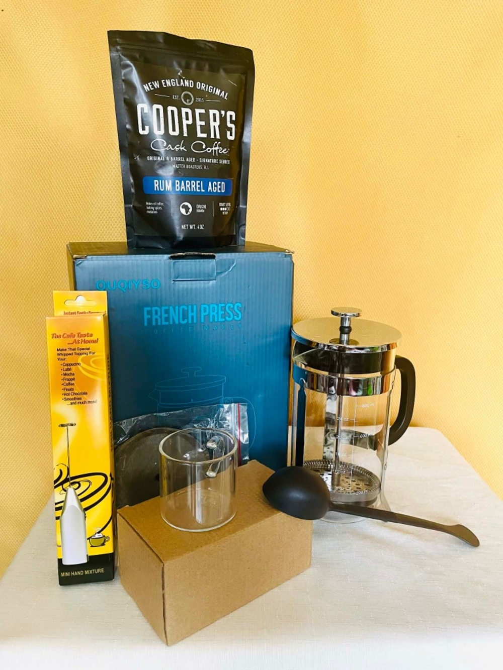 French Press Coffee Set 34 oz w/ Frother, Coffee, Cups & Scoop